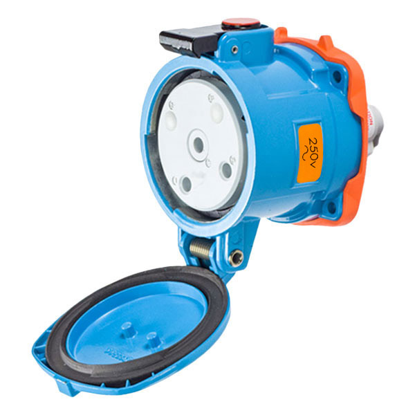37-64072-180 - DS60 RECEPTACLE METAL BLUE SIZE 4 TYPE 3R 2P+G 60A 250 VAC 60 Hz NO AUX 180 DEGREE OPENING LID